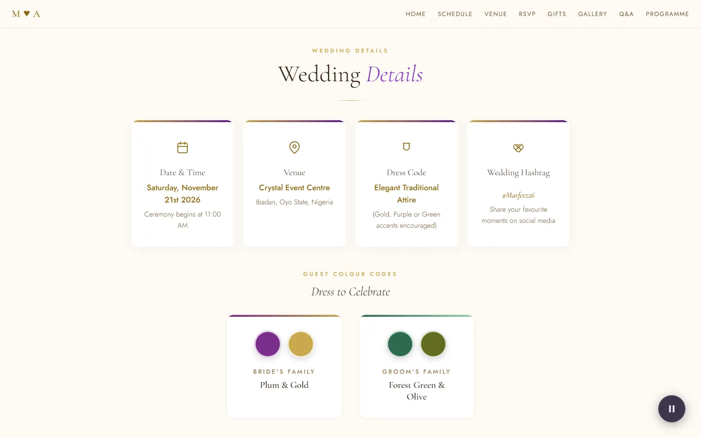 Wedding details and colour codes